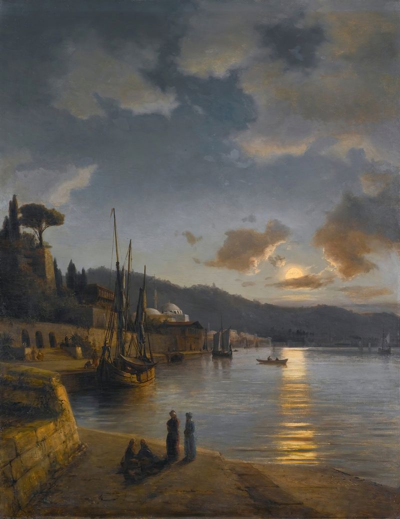 Oil on canvas by Anton Melbye depicting a Turkish harbour illuminated by moonlight.