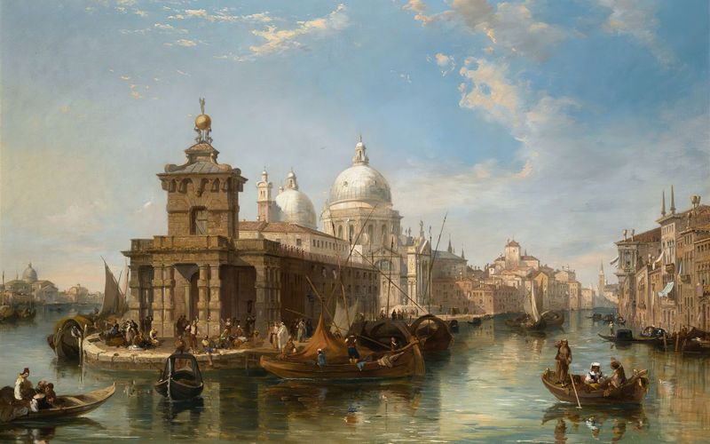 The Church Of The Salute, oil on canvas by Edward Pritchett, depicting a Venetian landscape at dawn.