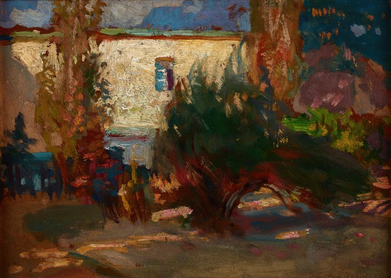 Casa entre árboles, óleo sobre lienzo de Jan Stanisławski