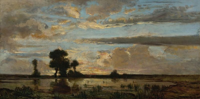 Soleil Couchant by Théodore Rousseau, oil on canvas depicting a sunset landscape.