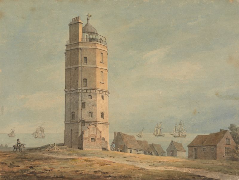 O Farol de North Foreland em aquarela de James Malton, retratando uma paisagem ao crepúsculo.