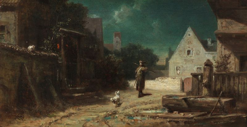 Nachtwächter bei Mondschein, Hund und Katze de Carl Spitzweg, pintura a óleo