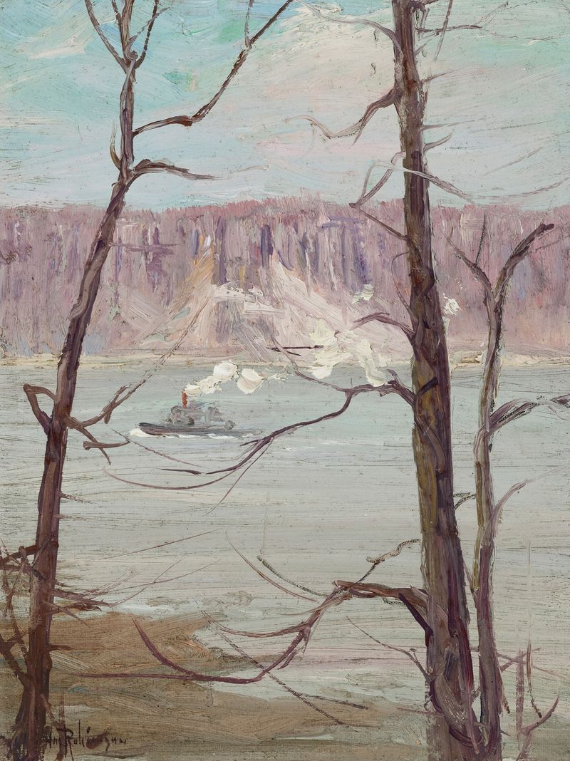 Hudson River Palisades óleo de Hal Robinson que representa acantilados y río.