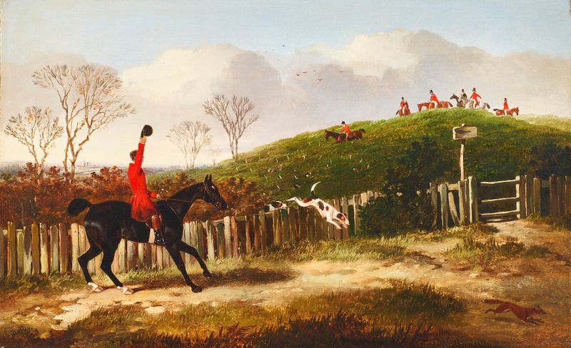 View Halloo de John Dalby, óleo sobre lienzo, que muestra perros persiguiendo en un paisaje exuberante.