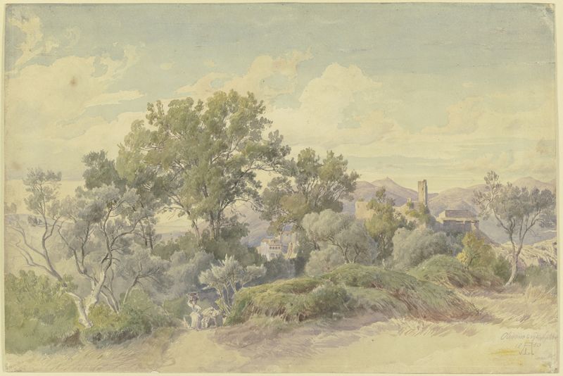 Paisagem montanhosa com luz do sol, óleo sobre tela de August Lucas