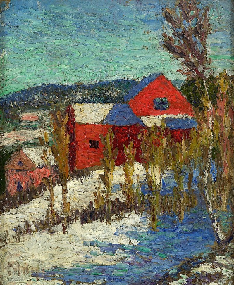 Oil painting by Konrad Mägi featuring hills, houses, and greenery