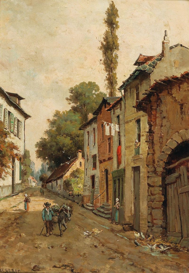 Street Scene by Alexandre René Veron, oil on canvas depicting urban figures interacting.