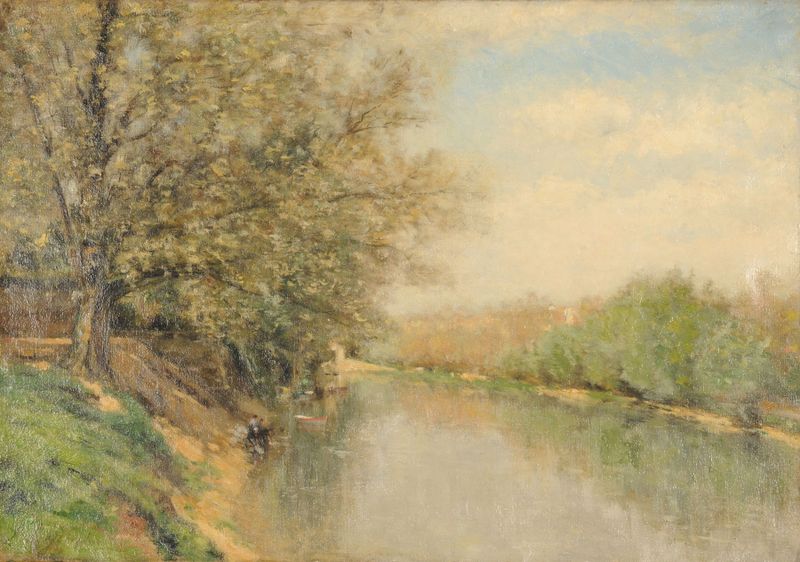 Paisaje con río y luz dorada, de Stanislas Lépine, pintura al óleo.