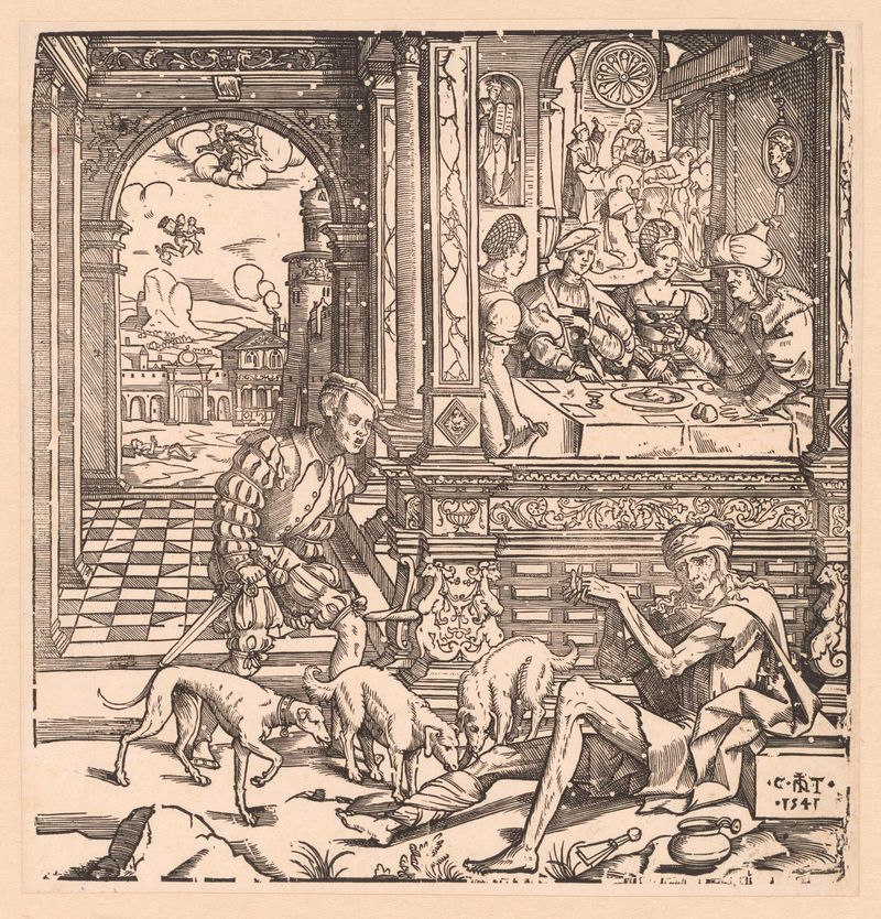 De rijke man en de arme Lazarus, papel de Cornelis Anthonisz, mostrando un rico y Lázaro.