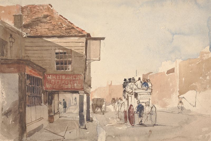 The ‘Royal’ Coach Outside the White Lion Inn, oil on canvas by William Evans of Bristol