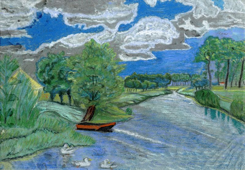 Landschap met een rivier en hooimijt by Pol De Mont, realism, depicting a river and fields under a blue sky
