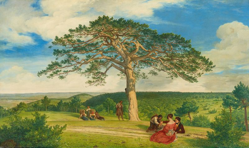 Oil painting by Ludwig Ferdinand Schnorr von Carolsfeld featuring a towering pine.