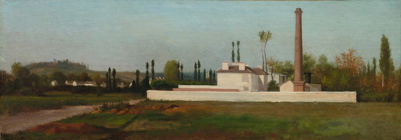 Industrial Plant by Antoine Chintreuil, depicting chimneys against an evening sky, oil painting