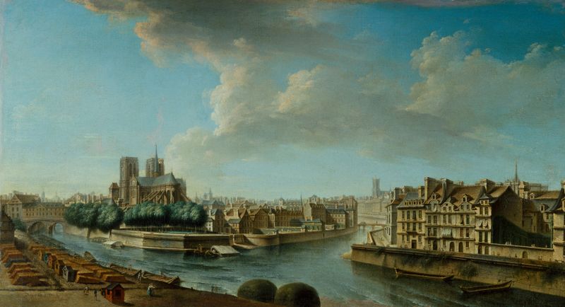 Landscape oil painting by Nicolas Jean-Baptiste Raguenet featuring Notre-Dame and Île Saint-Louis.