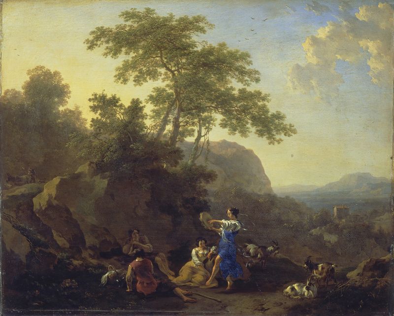 La Pastora Musical de Nicolaes Pietersz Berchem, óleo sobre lienzo con una pastora en un paisaje tranquilo.