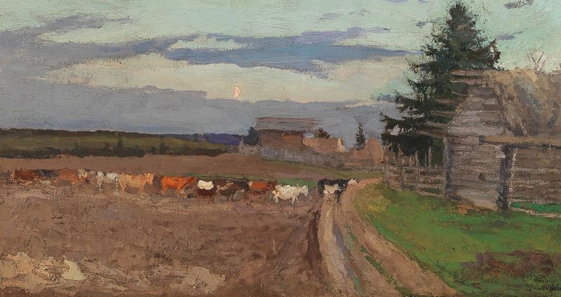 Homecoming Cattle in the Moonlight de Viktor Ignatiev, óleo sobre lienzo que muestra ganado bajo la luz de la luna.