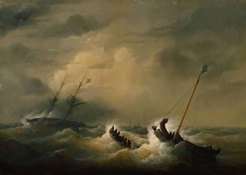 Escena marina que representa el rescate de una tripulación en un barco, pintura al óleo de Christian Cornelis Kannemans