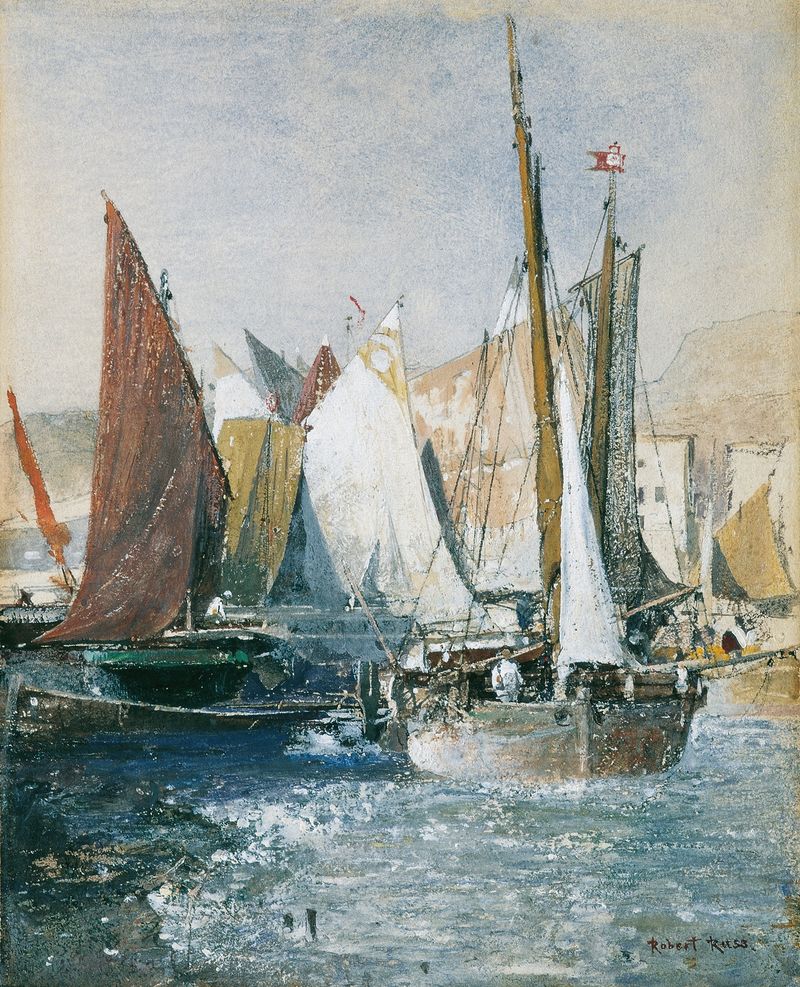Sailboats on water, oil painting by Robert Russ