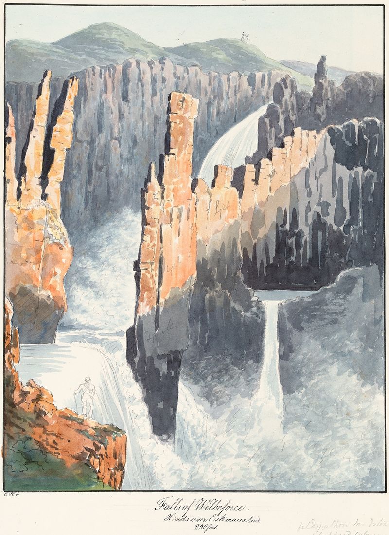 Aquarela sobre papel de Charles Hamilton Smith mostrando uma cachoeira e um rio.