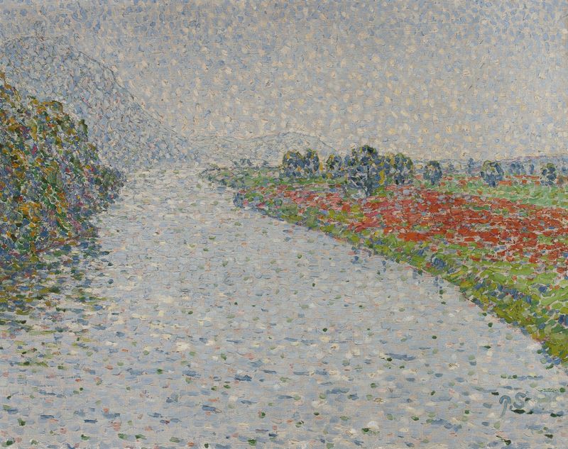 Riverside landscape by Christian Rohlfs, oil painting depicting a river flowing through a forested area.