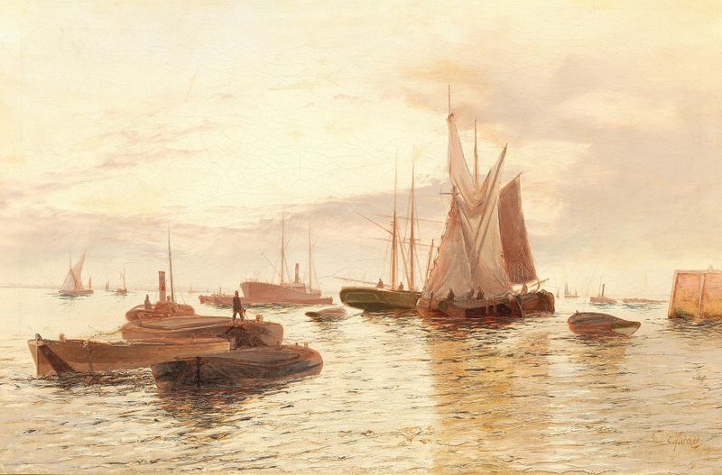 Barcos em um mar calmo, pintura a óleo de Edward Henry Eugene Fletcher