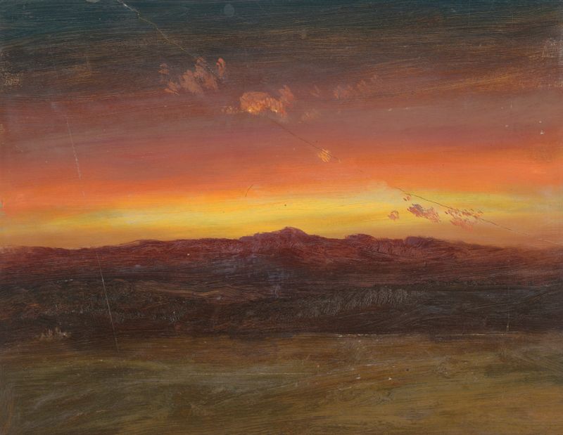 Sunset de Frederic Edwin Church, pintura al óleo que muestra un paisaje vibrante con nubes coloridas.