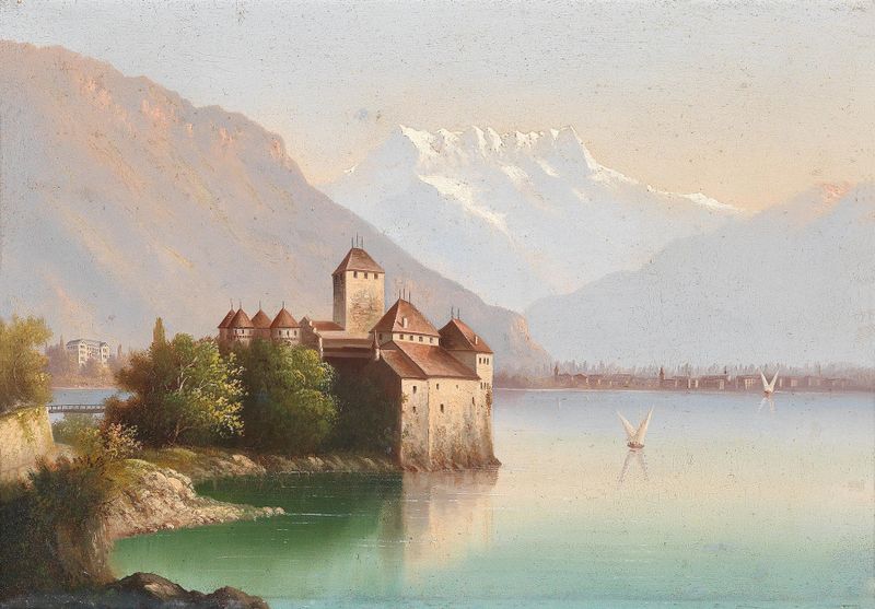 Blick auf Schloss Chillon am Genfer See, oil on canvas by Hubert Sattler