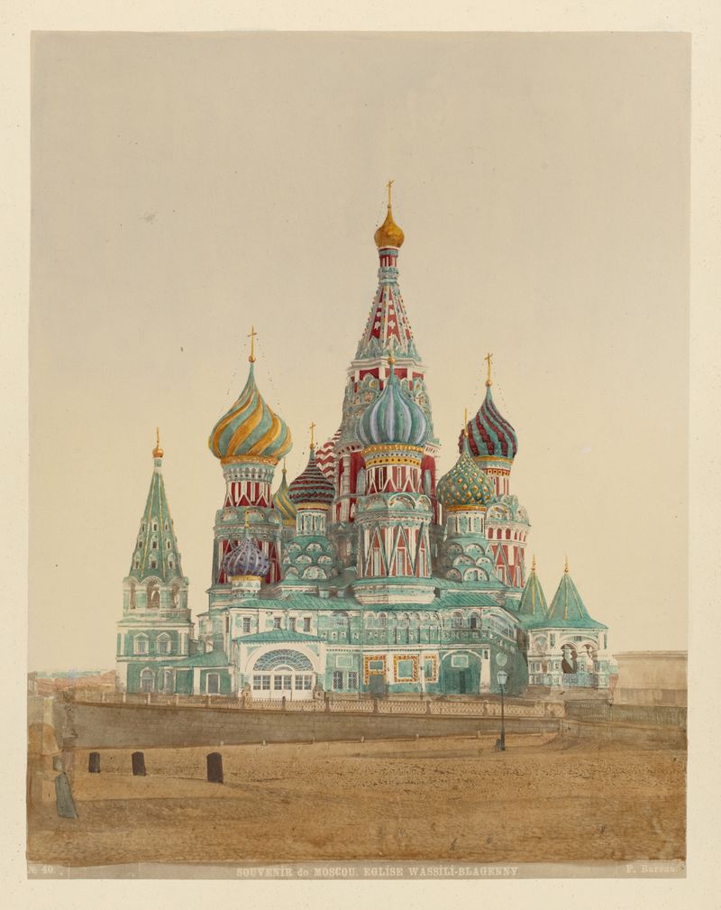 Tserkov’ Vasiliia Blazhennago by J. Daziaro, oil painting depicting a church with domes and vibrant light.