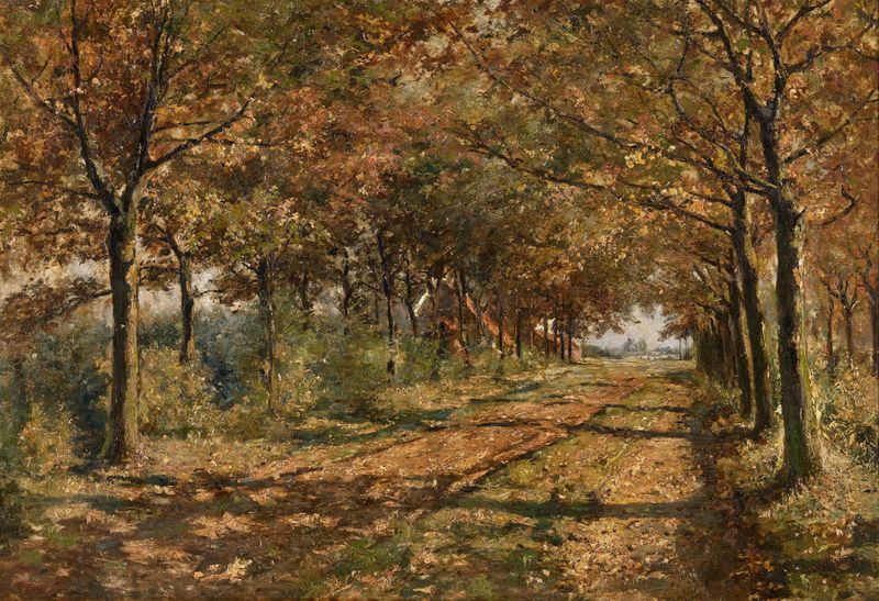 Pintura de paisagem a óleo de Frans Simons com um caminho iluminado pelo sol e tons suaves.
