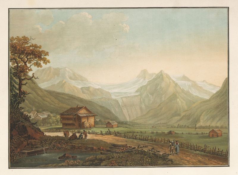 Landscape depicting a tranquil valley and glacier by Friedrich Rosenberg