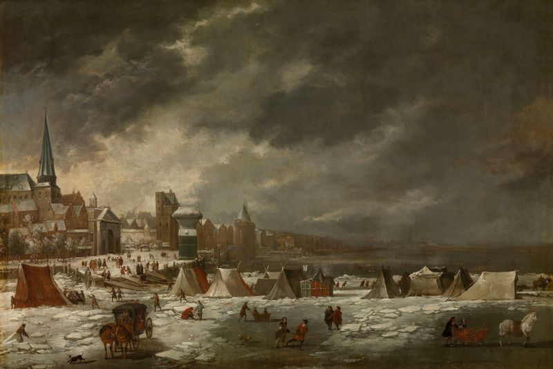 The Frozen Scheldt in Antwerp, oil on canvas by Jan Peeters the elder, depicting a winter river landscape.