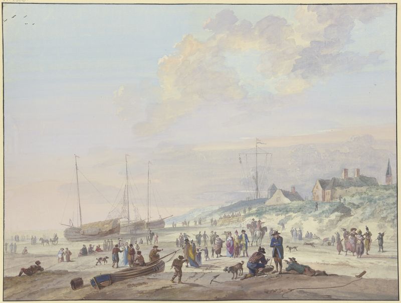 Oil painting by Arie Lamme depicting fishing boats on the shore with townspeople.