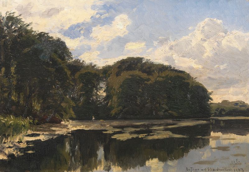Pond at twilight with reflections and foliage by Godfred Christensen, oil painting