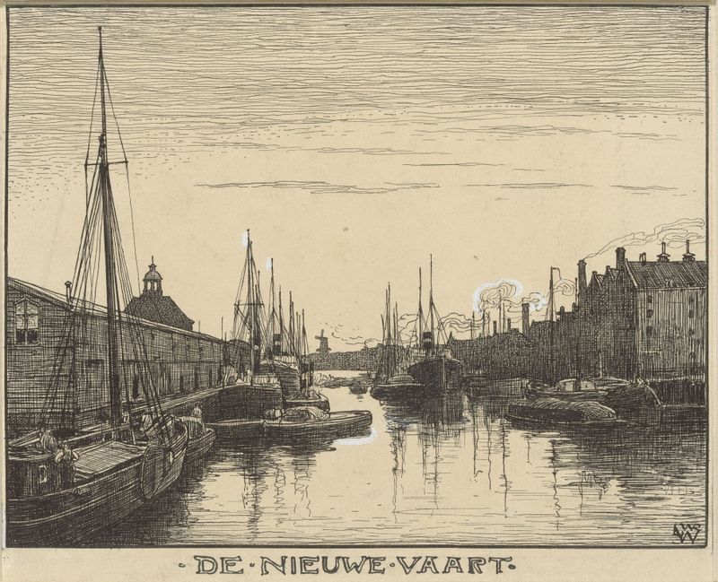 De Nieuwe Vaart te Amsterdam de Willem Wenckebach, pintura al óleo que representa una serena escena de canal.