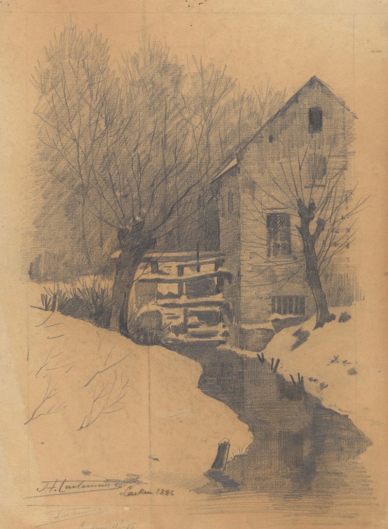 Laeken de Jean-François Taelemans, uma paisagem de um moinho coberto de neve, realismo