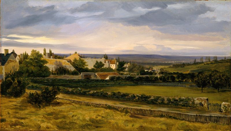 Paisaje de un valle con un pueblo distante, pintura al óleo de Théodore Rousseau