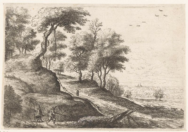 Landschap met twee jagers, etching by Philips Augustijn Immenraet, showing hunters in a lush landscape.