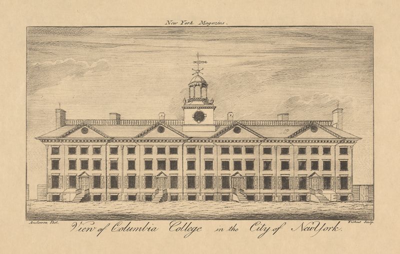 Engraving by Cornelius Tiebout depicting Columbia College in New York with clouds and sky.