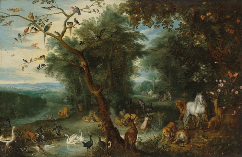 Lush garden scene in oil on panel by Jan Brueghel the Younger