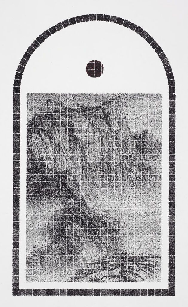Mountain landscape with dwelling, ink on paper by Lee Chun-Yi