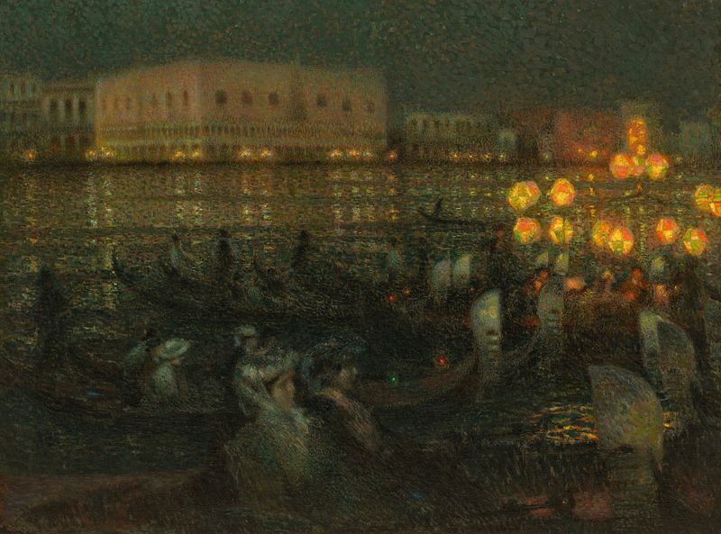 Lone figure playing lute in twilight scene, oil on canvas by Henri Le Sidaner