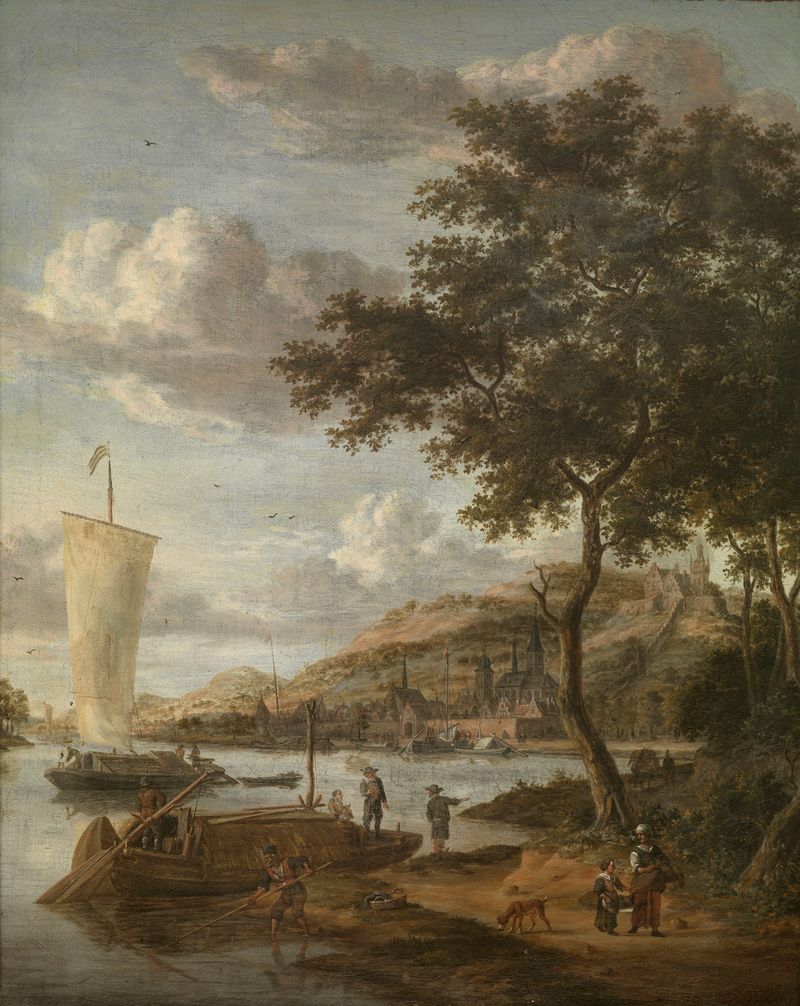 Paisaje que representa el río Necker de Jacobus Storck, pintura al óleo