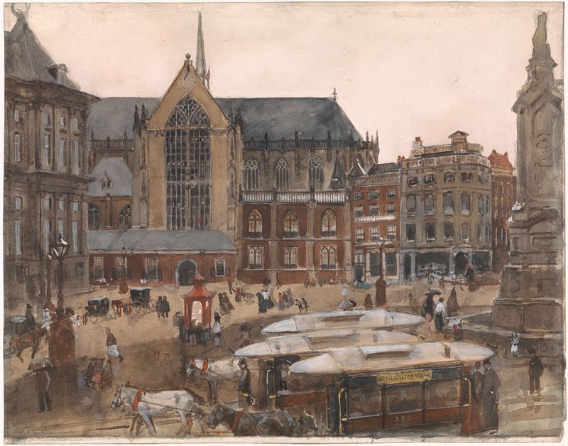 Pintura a óleo de George Hendrik Breitner mostrando figuras na Praça Dam de Amsterdã