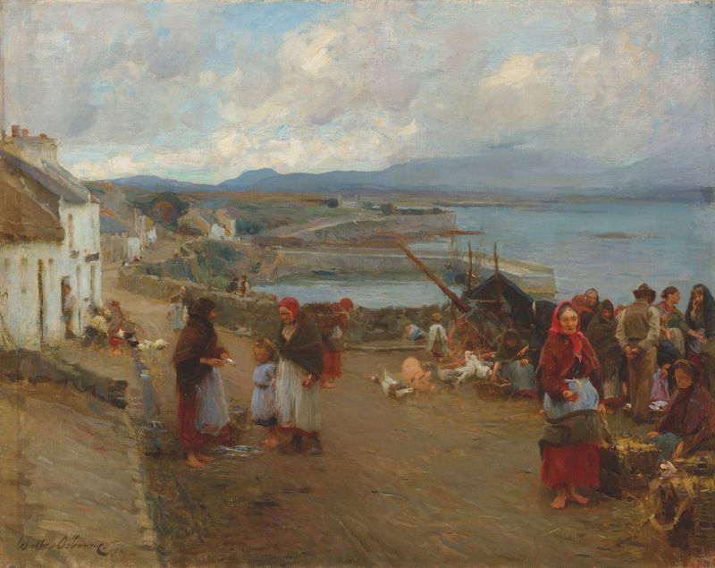 Vida em Connemara, um Dia de Mercado de Walter Frederick Osborne, óleo sobre tela representando uma cena de mercado