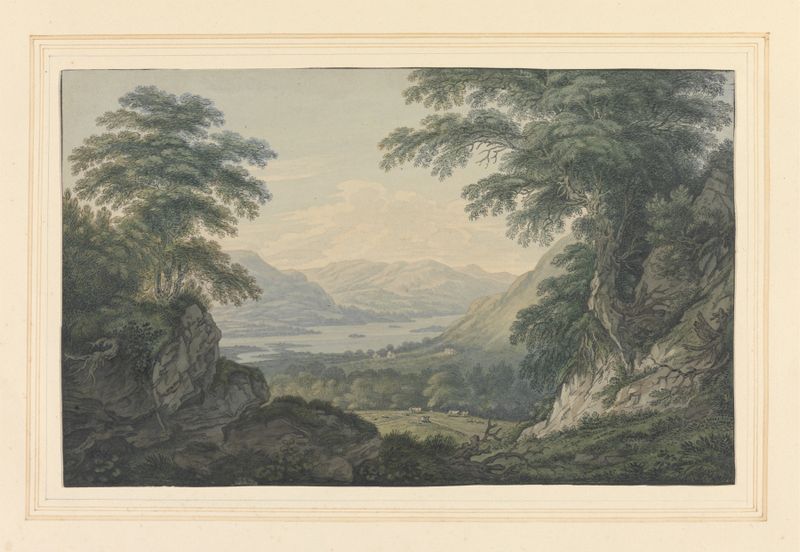 Upper end of Ullswater, oil on canvas by Joseph Farington, depicting tranquil hills and lake.