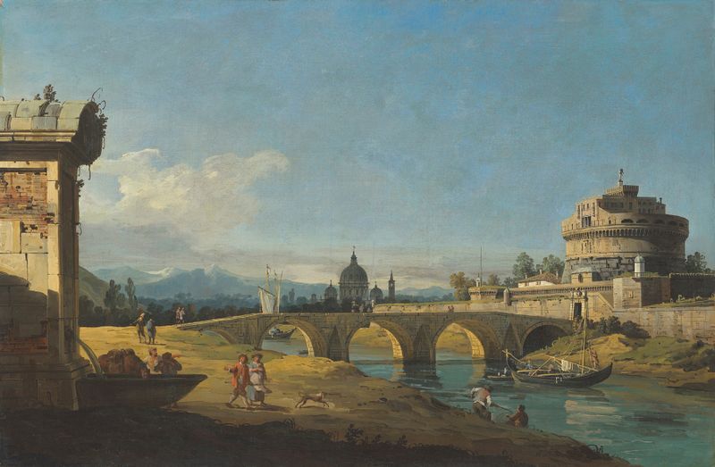 Pintura rococó de Bernardo Bellotto mostrando o Castel Sant'Angelo e ruínas romanas