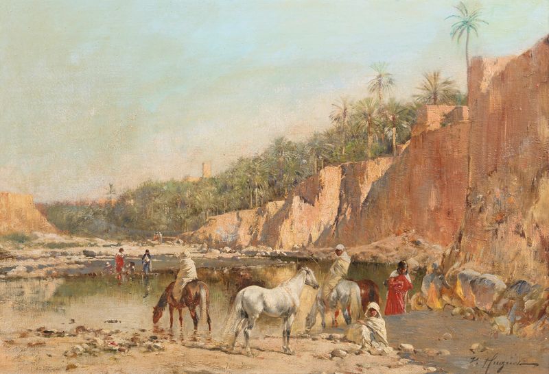 Rest for Water, pintura a óleo de Victor Pierre Huguet, figuras descansando entre a vegetação e luz suave