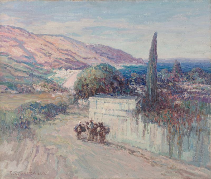 Italian Landscape de Frederick Gottwald, óleo sobre lienzo que representa colinas y un atardecer.