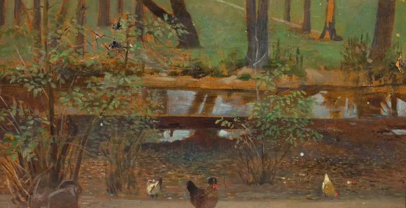 View of a pool de Jacek Malczewski, retratando água e vegetação exuberante, óleo