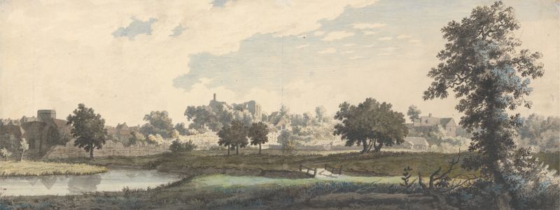 Oil painting by Jonathan Skelton depicting a river, church, and castle in a serene landscape.